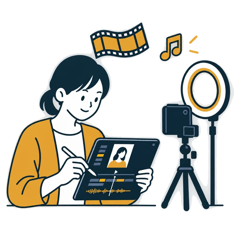 タブレットで縦型動画を編集する人のイラスト