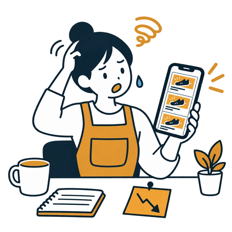 同じ広告が並ぶスマホを見て頭を抱える人のイラスト